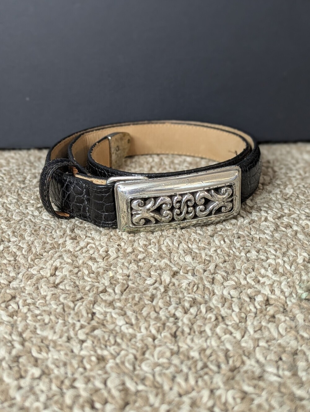 Brighton 37103 Vintage Western Belt Black Croc Embossed Leather Silver Buckle
